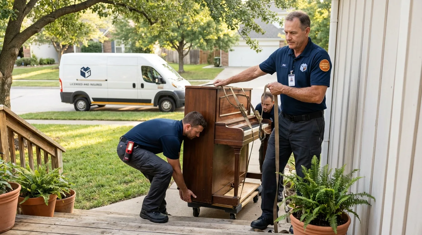 Licensed piano movers securing grand piano in Pelham, GA
